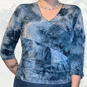 dressbarn Blue Whimsy Wrap Style Tie-Dye Blouse